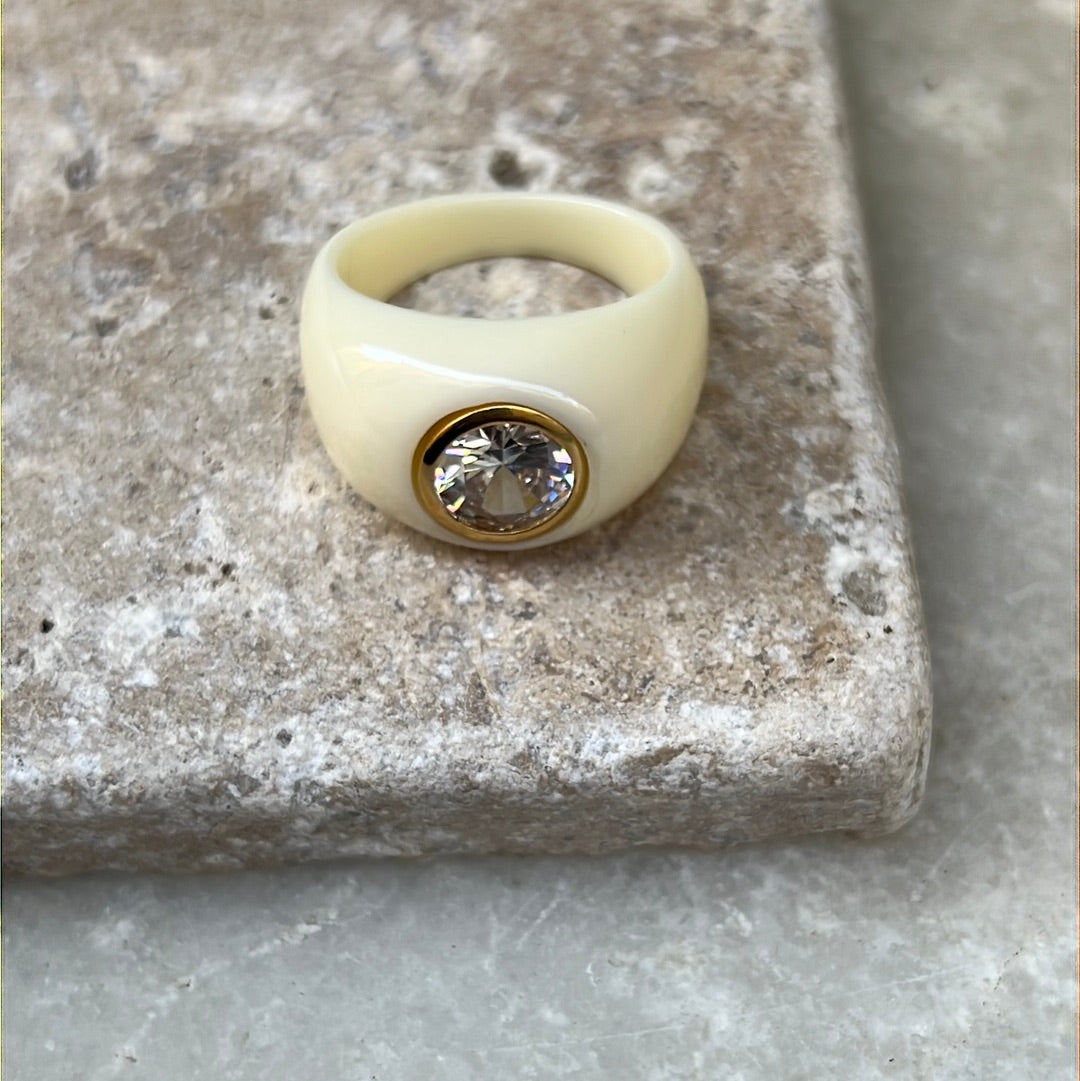 Bague Réglable Noir Brillant Avec Strass – Résine Et Métal Argenté Sans Nickel
